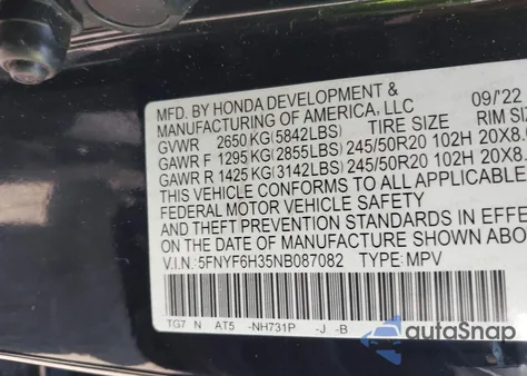 2022 Honda Pilot Awd Sport из США, поврежденный, VIN 5FNYF6H35NB087082